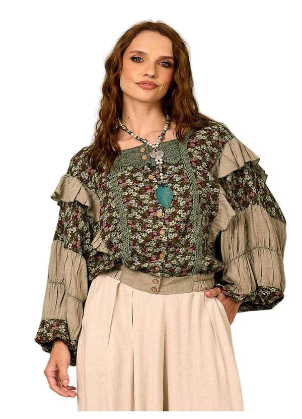 Yacamim - Bata com Mangas Longas Bufantes Verde Estampado Patchwork Patchwork 5