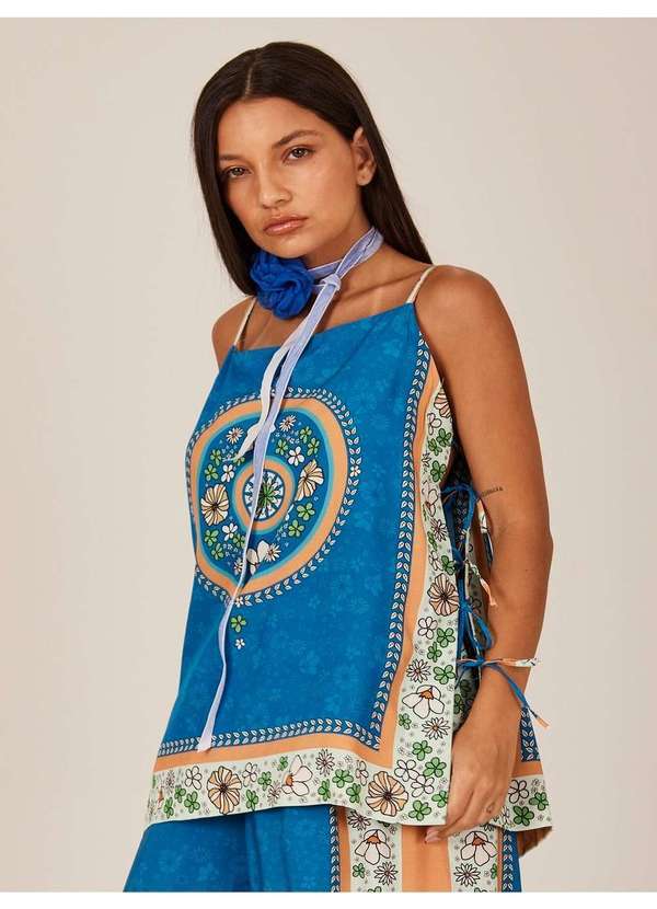 Yacamim - Bata de Alças com Amarração nas Laterais Azul Estampado Yacamim Estampado