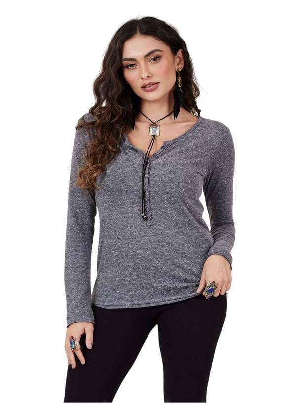 Yacamim - Blusa Básica com Botões Cinza Mescla Yacamim B14 Liso Cinza