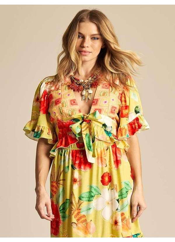 Yacamim - Cropped com Amarração na Frente e Lastex Amarelo Estampado Estampado 3