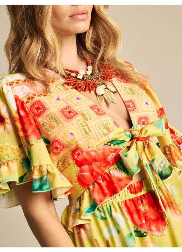 Yacamim - Cropped com Amarração na Frente e Lastex Amarelo Estampado Estampado 4