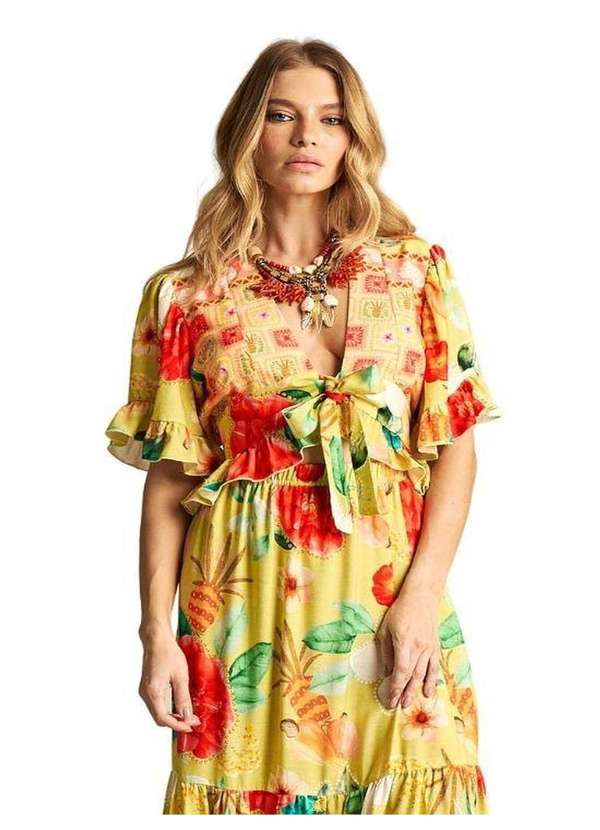 Yacamim - Cropped com Amarração na Frente e Lastex Amarelo Estampado Estampado 5