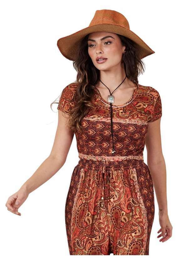 Yacamim - Cropped com Mangas Curtas Terracota Estampa Cashmere Yacamim A5 Estampado