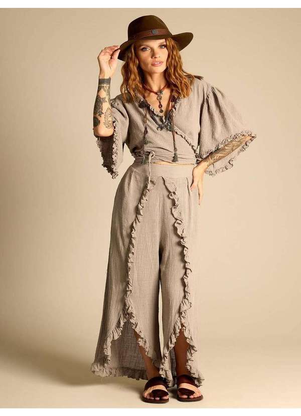 Yacamim - Calça de Cintura Alta com Babadinhos em Tom de Verde Yacamim A9 Verde 1