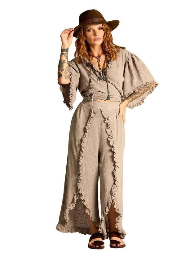 Yacamim - Calça de Cintura Alta com Babadinhos em Tom de Verde Yacamim A9 Verde 4