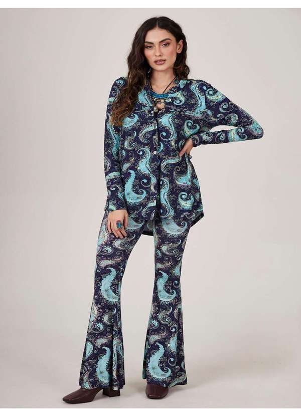 Yacamim - Calça Flare com Bolsos Azul Estampa Cashmere Yacamim A15 Azul 4