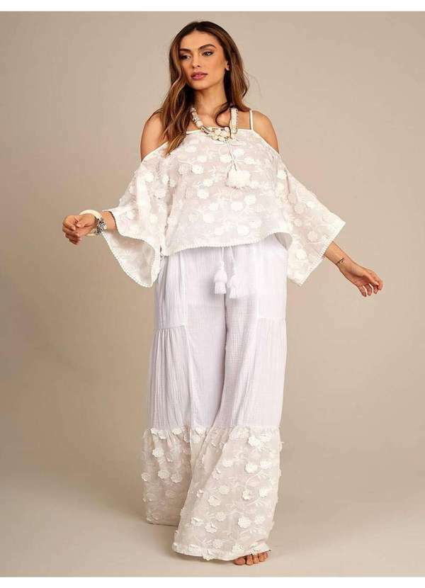 Yacamim - Calça Pantalona com Babado de Laise Branco Yacamim G9 Branco
