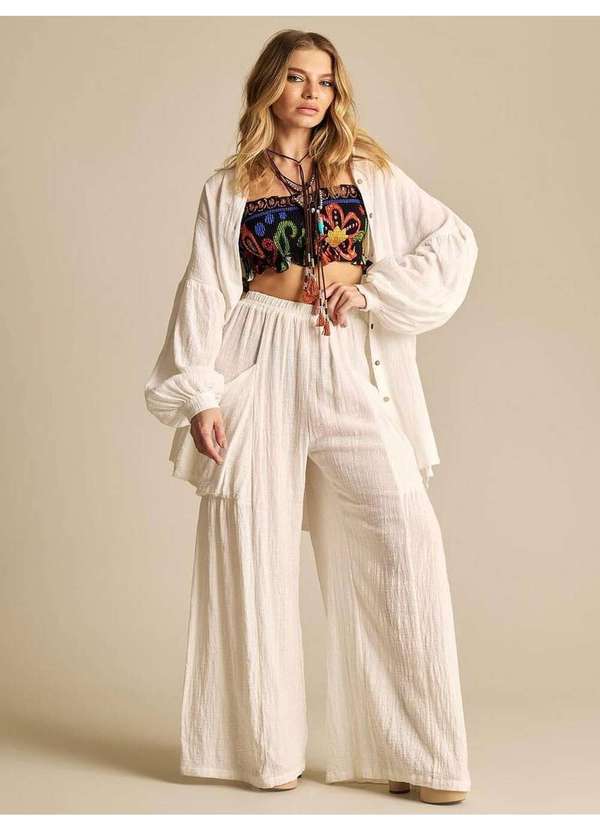 Yacamim - Calça Pantalona com Elástico no Cós Branco Yacamim A9 Branco