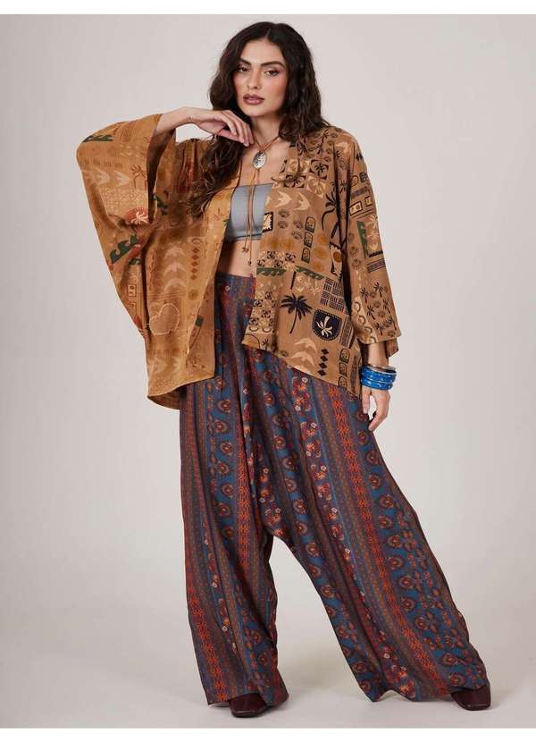 Yacamim - Calça Saruel Pantalona Azul Petróleo Estampado Yacamim G10 Estampado