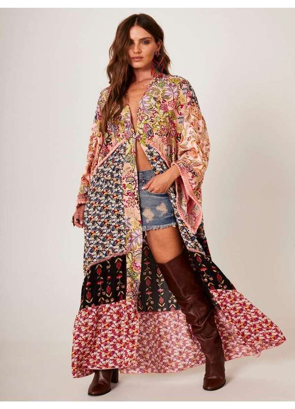 Yacamim - Kimono Longo com Franjinhas Rosa Estampa Patchwork Yacamim J2 Patchwork