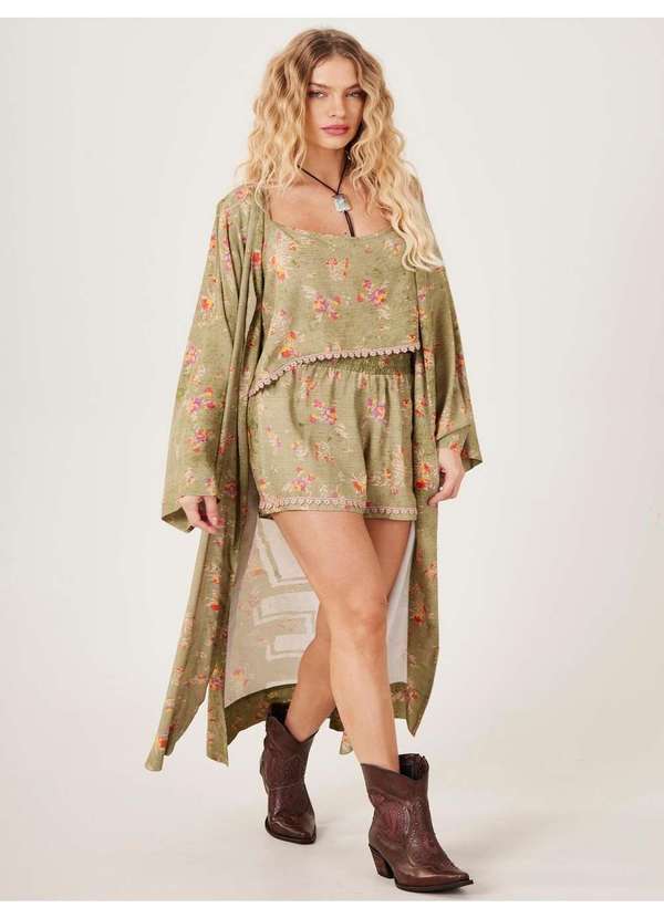 Yacamim - Kimono Longo Verde Oliva Estampa Love Yacamim J10 Estampado