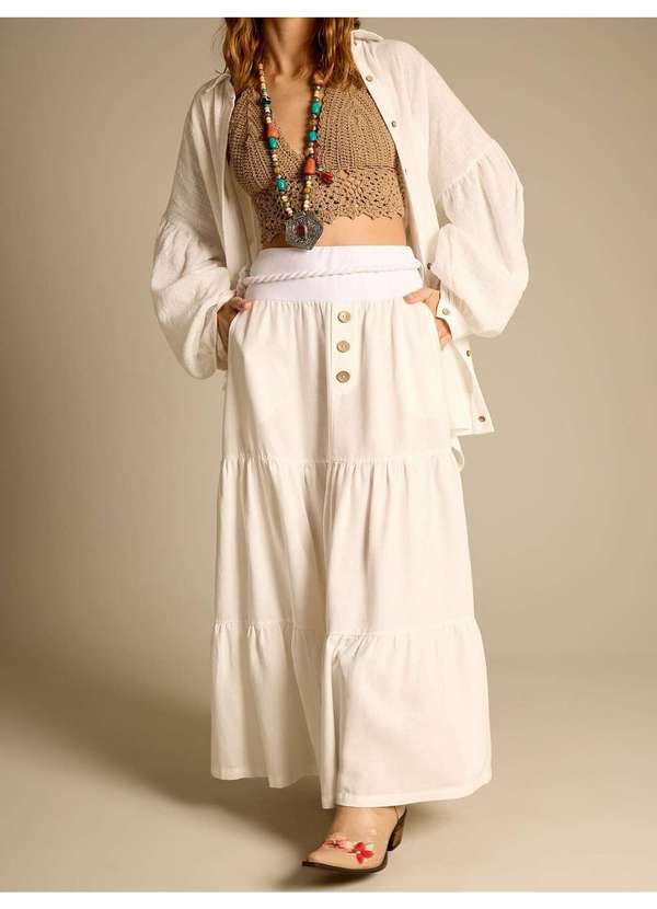 Yacamim - Saia Longa 3 Marias de Linho com Cinto Trançado Branco Yacamim Branco