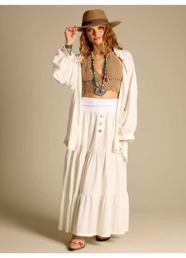 Yacamim - Saia Longa 3 Marias de Linho com Cinto Trançado Branco Yacamim Branco 2