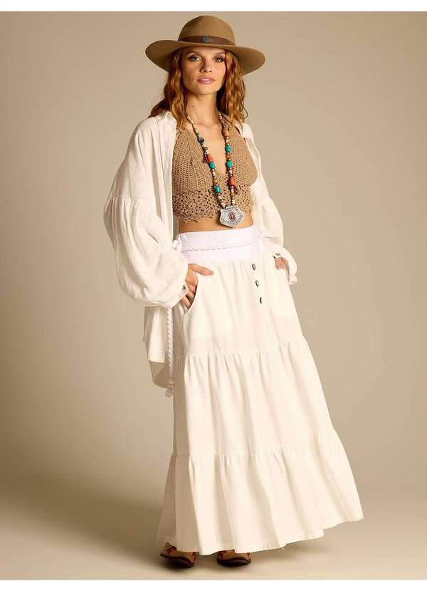 Yacamim - Saia Longa 3 Marias de Linho com Cinto Trançado Branco Yacamim Branco 3