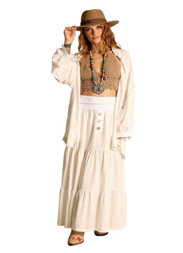 Yacamim - Saia Longa 3 Marias de Linho com Cinto Trançado Branco Yacamim Branco 4