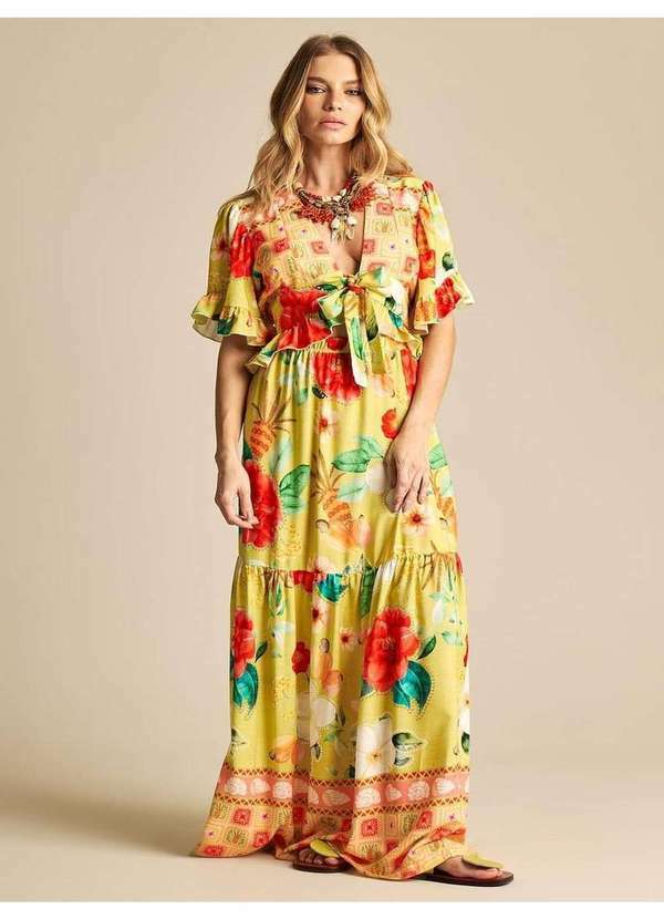Yacamim - Saia Longa com Elástico na Cintura Amarelo Estampado Yacamim A7 Estampado