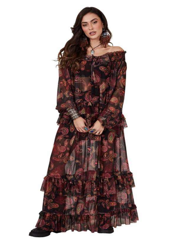 Yacamim - Saia Longa de Tule Preta Estampa Cashmere Yacamim A20 Estampado