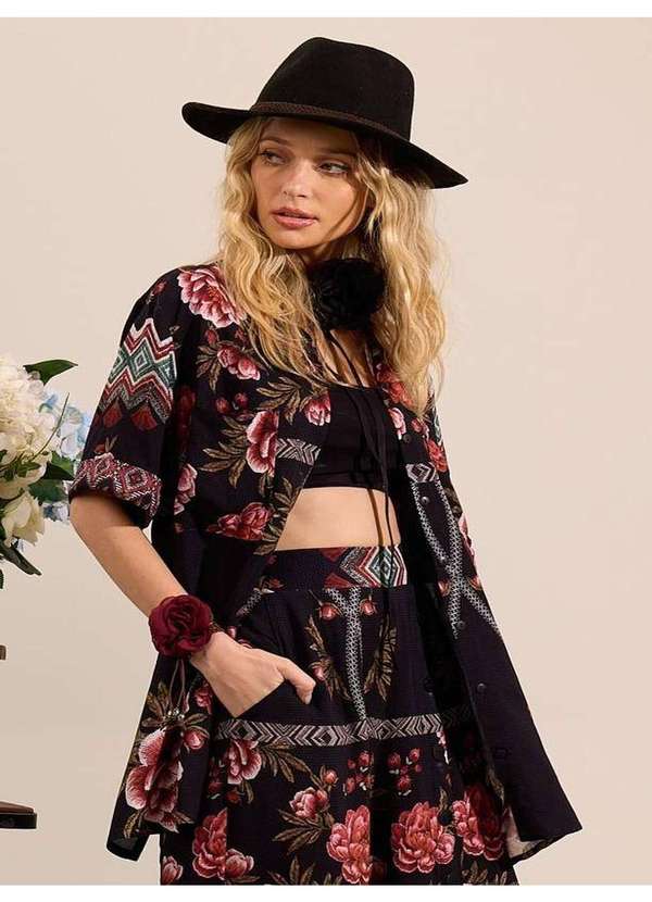 Yacamim - Camisa Ampla de Mangas Curtas Preto Estampado Yacamim A3 Estampado 3