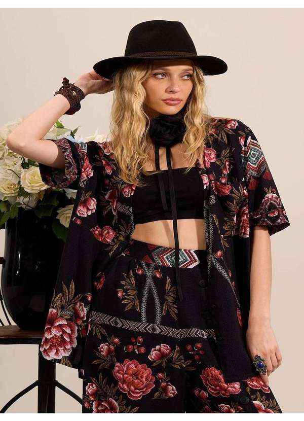 Yacamim - Camisa Ampla de Mangas Curtas Preto Estampado Yacamim A3 Estampado 4