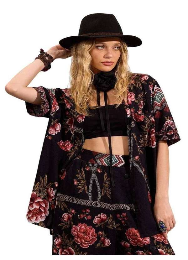 Yacamim - Camisa Ampla de Mangas Curtas Preto Estampado Yacamim A3 Estampado 5