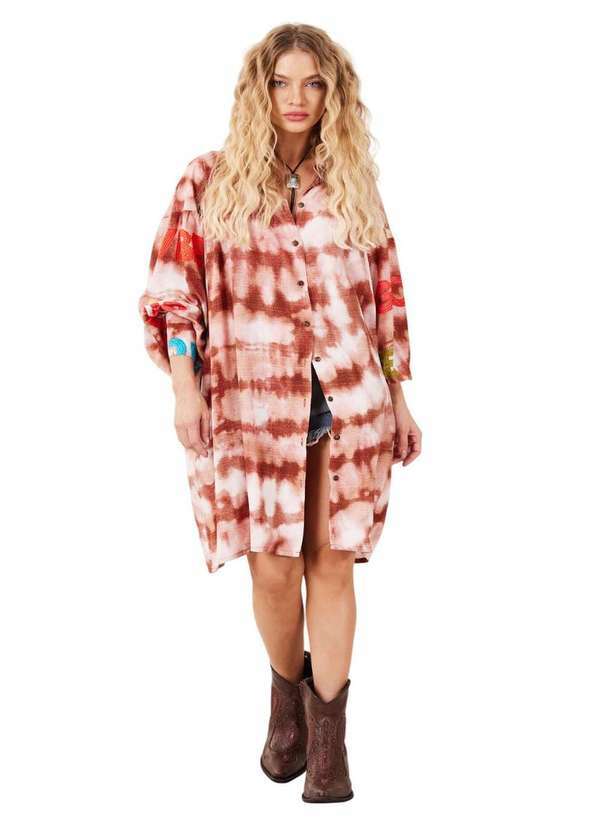 Yacamim - Chemise Ampla Marrom Estampa Tie Dye Digital Yacamim L2 Estampado