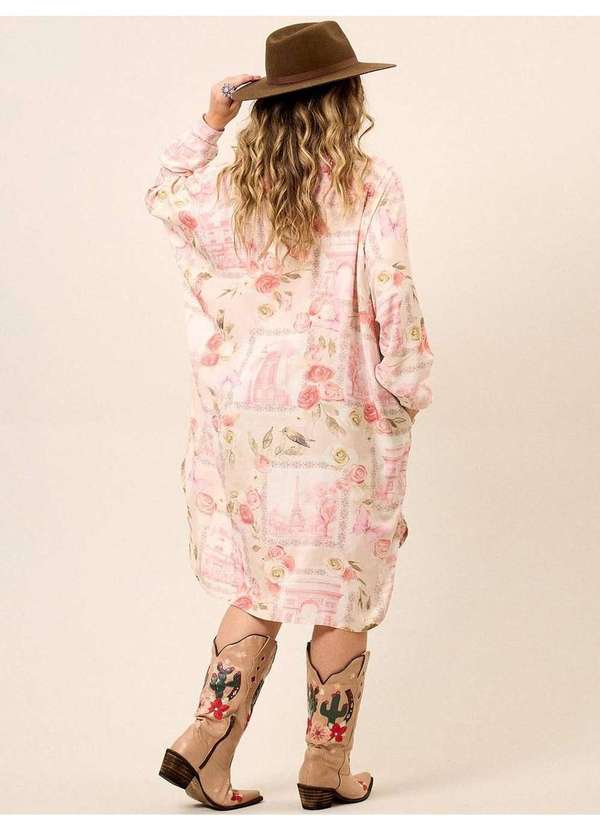 Yacamim - Chemise Amplo Alongado com Mangas Longas Bege Estampado Yacamim Estampado 2