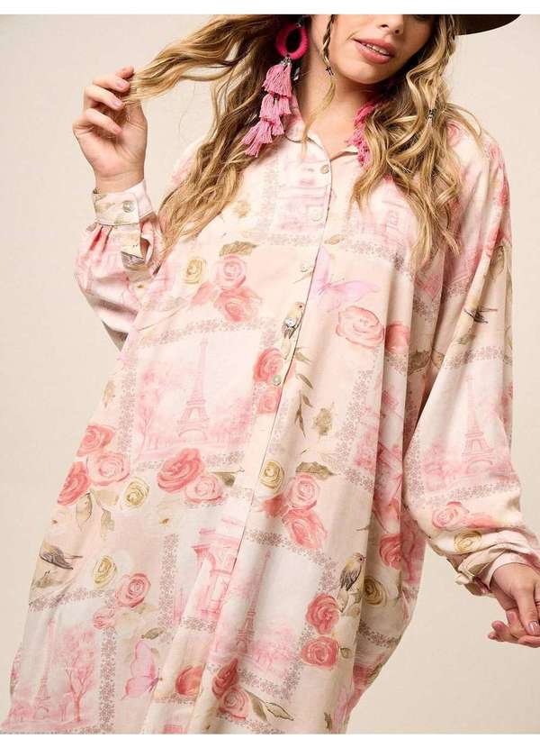 Yacamim - Chemise Amplo Alongado com Mangas Longas Bege Estampado Yacamim Estampado 4