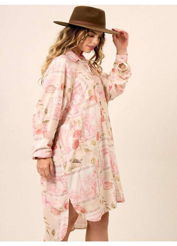 Yacamim - Chemise Amplo Alongado com Mangas Longas Bege Estampado Yacamim Estampado 5