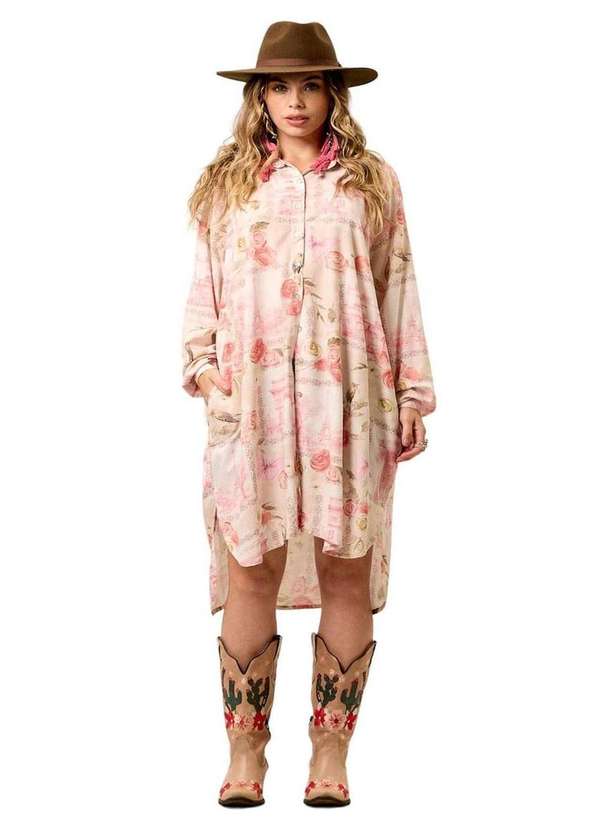 Yacamim - Chemise Amplo Alongado com Mangas Longas Bege Estampado Yacamim Estampado 6