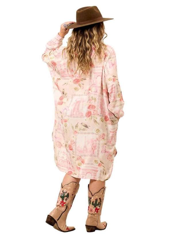 Yacamim - Chemise Amplo Alongado com Mangas Longas Bege Estampado Yacamim Estampado 7