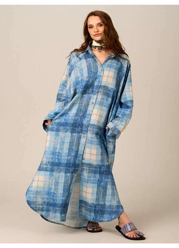 Yacamim - Chemise Longa de Algodão Azul Estampa Xadrez Yacamim M10 Xadrez Azul 3