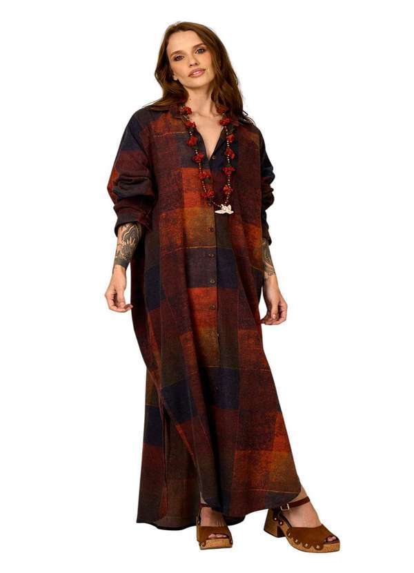 Yacamim - Chemise Longa de Algodão Terracota Estampa Xadrez Yacamim N6 Xadrez