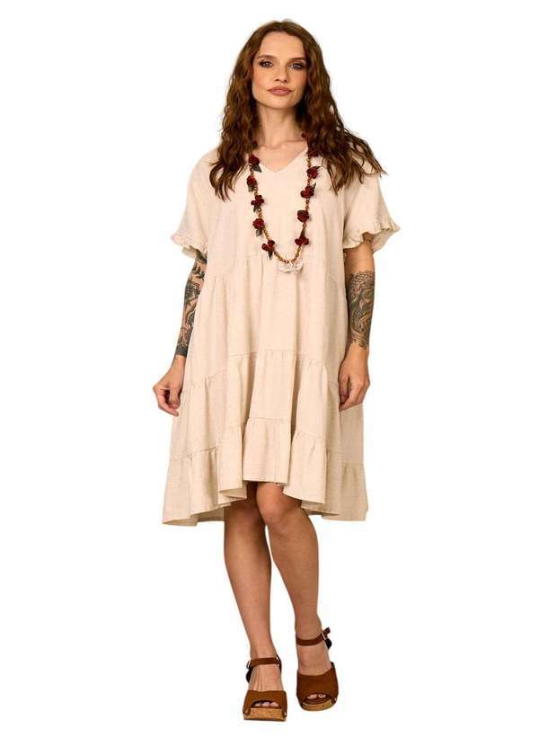 Yacamim - Vestido Curto Bege Nature Viscolinho Yacamim C27 Bege