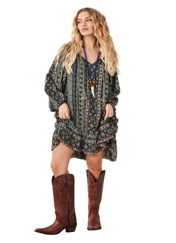 Yacamim - Vestido Curto com Mangas Bufantes Verde Estampa Indiana Yacamim Estampado