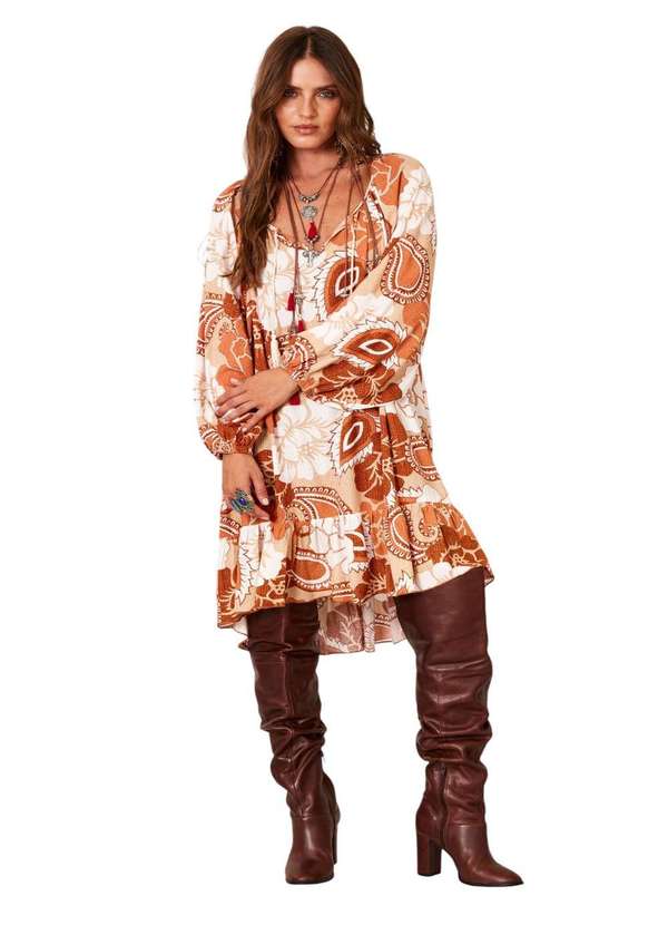 Yacamim - Vestido Curto com Mangas Longas Marrom Estampado Yacamim C18 Estampado