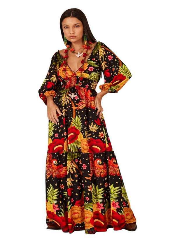 Yacamim - Vestido Longo com Lastex na Cintura Preto Estampado Yacamim E27 Estampado