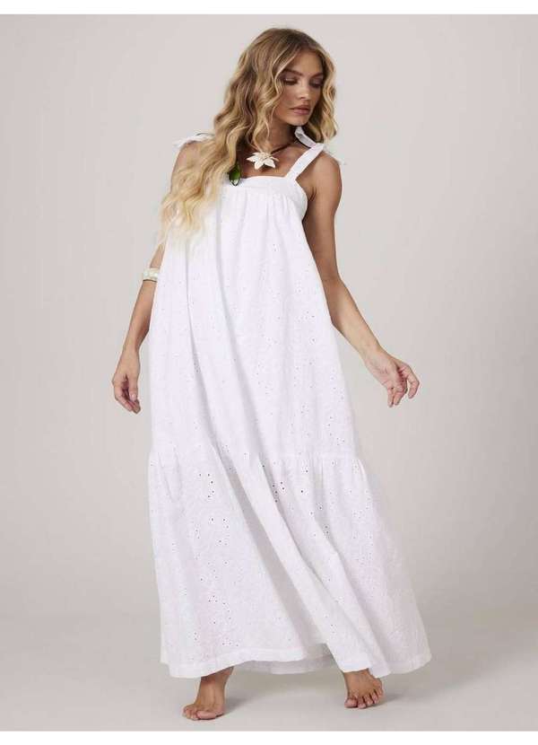 Yacamim - Vestido Longo de Alças Broderie Branco Yacamim D28 Branco