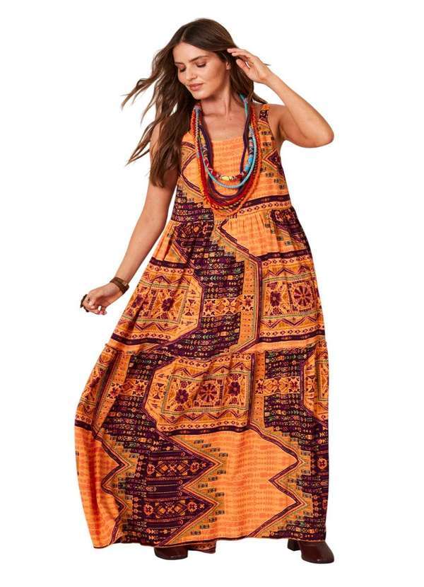 Yacamim - Vestido Longo de Alças Largas Laranja Estampa Geométrica Estampado