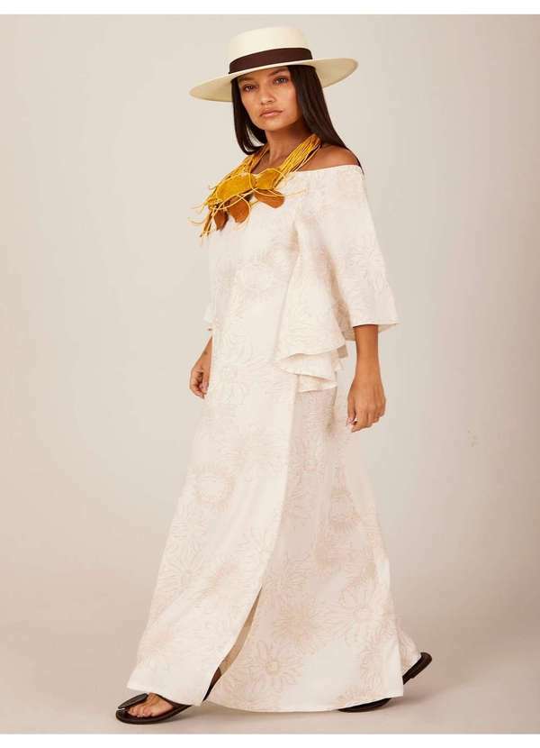 Yacamim - Vestido Longo de Linho Ciganinha Bege Estampado Yacamim E14 Bege