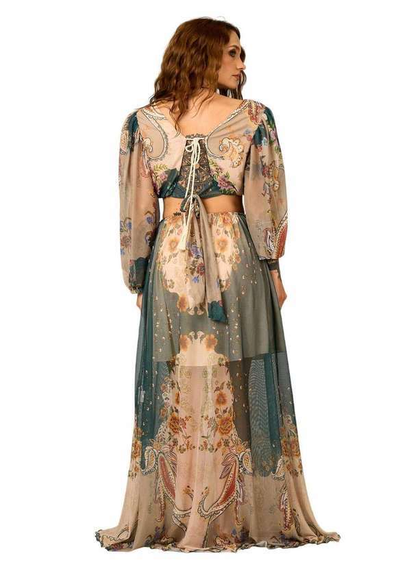 Yacamim - Vestido Longo de Tule Verde e Bege Estampa Paisley Yacamim E17 Estampado