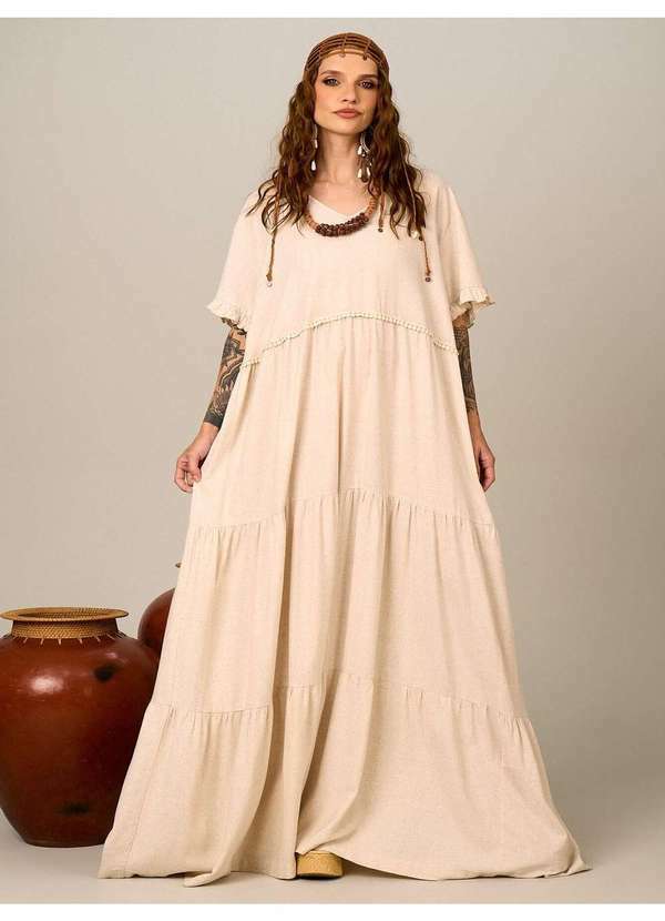 Yacamim - Vestido Longo Viscolinho Bege Nature Yacamim D6 Nature