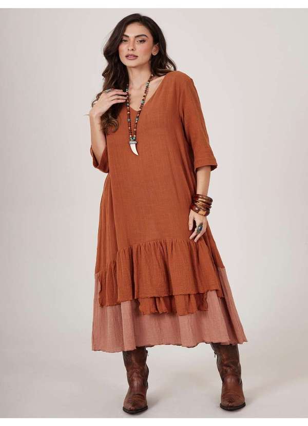 Yacamim - Vestido Midi Caramelo Escuro Yacamim C26 Marrom 4