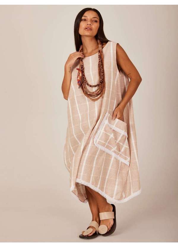 Yacamim - Vestido Regata Midi Bege Xadrez Yacamim C17 Listrado 4