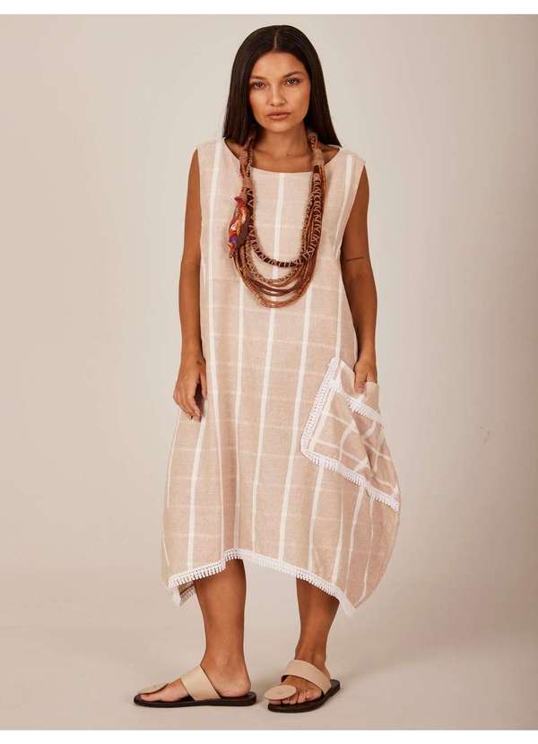 Yacamim - Vestido Regata Midi Bege Xadrez Yacamim C17 Listrado 5