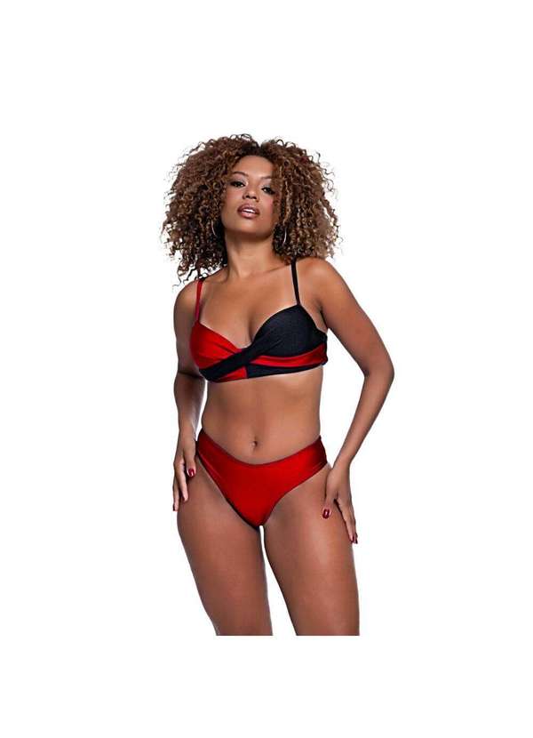 Hype Modas - Biquíni Bicolor com Bojo Transpassado Levanta Seio Textura Vermelho