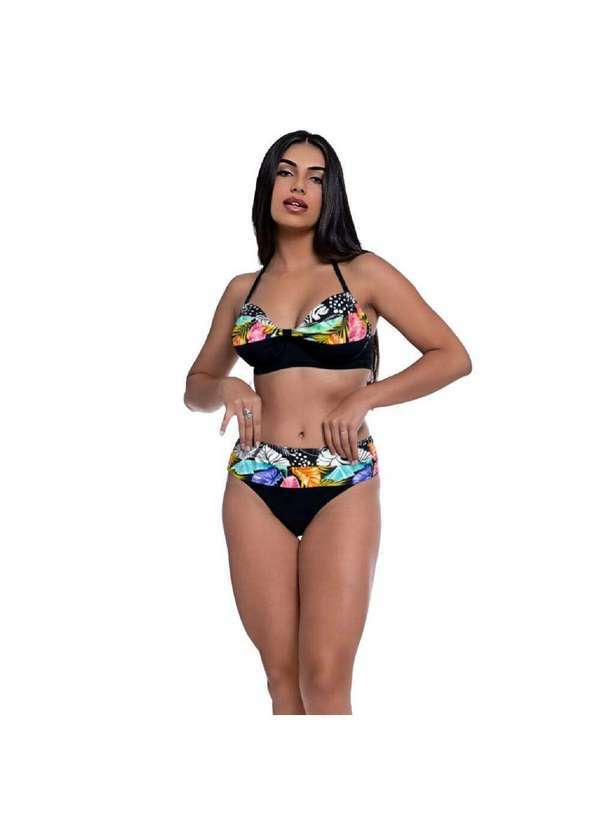 Hype Modas - Biquíni Feminino Adulto com Bojo Meia Taça Estampa Dupla Modela Biquíni Preto