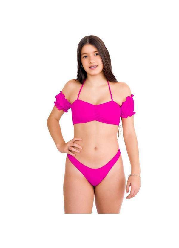Hype Modas - Biquíni Juvenil Manguinha Ciganinha Moda Praia Liso sem Bojo Biquini Pink