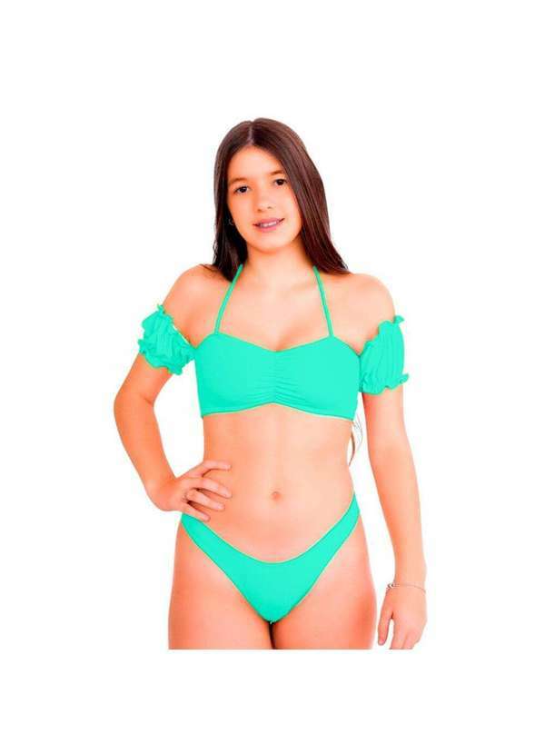 Hype Modas - Biquíni Juvenil Manguinha Ciganinha Moda Praia Liso sem Bojo Biquini Verde Agua