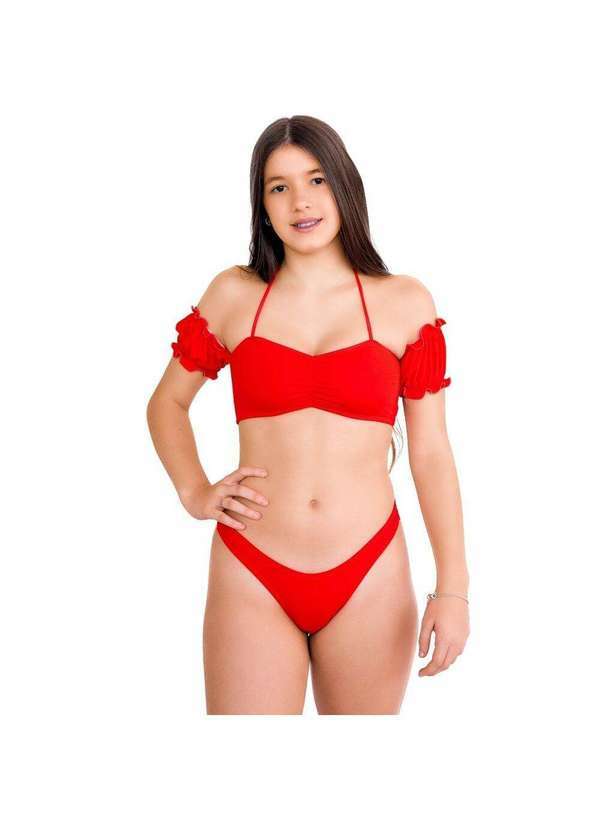 Hype Modas - Biquíni Juvenil Manguinha Ciganinha Moda Praia Liso sem Bojo Biquini Vermelho