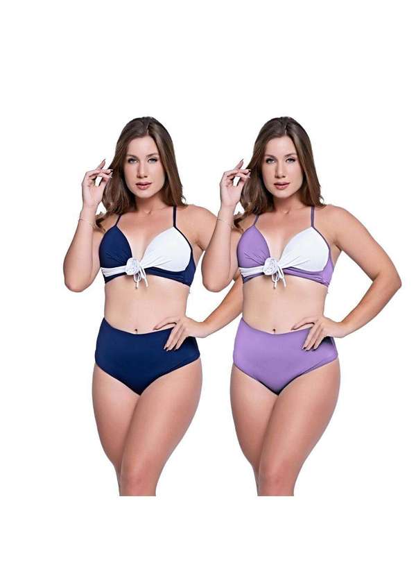 Hype Modas - Biquínis Feminino Kit 2 Peças Bicolor Chapa Barriga Cós Alto Marinho e Lilás